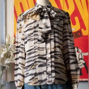 Class Roberto Cavalli Silk Animal Print Blouse with Bow Tie; Size 8.